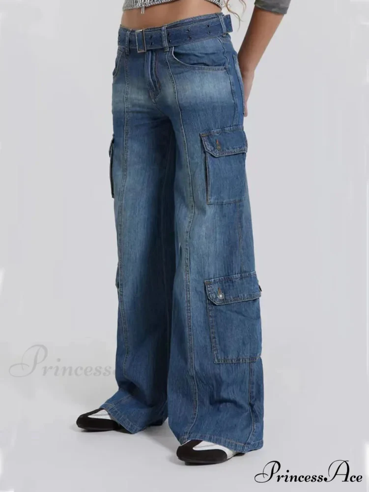 Wide Leg High Waist Patchwork Baggy Cargo Streetwear Y2k Vintage Denim Jean Stylish Loose High Waist Solid Color Casual Wild Wide Leg Multi Pockets Jean 2024 New Skinny Elastic Denim High-Waisted European American Style Pack Hip Pencil Jean - Image 3