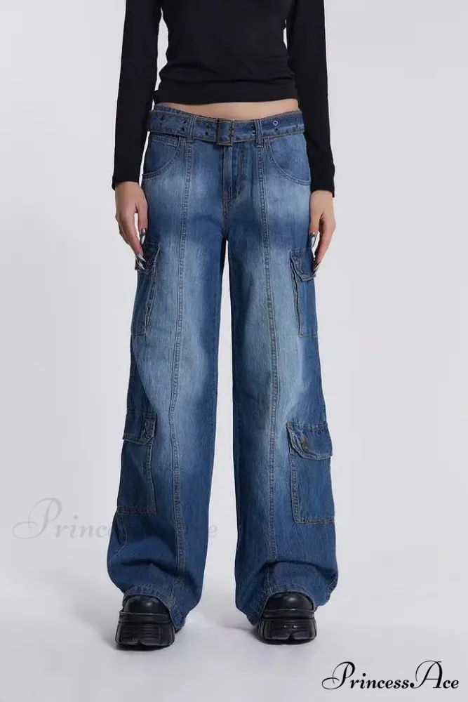 Wide Leg High Waist Patchwork Baggy Cargo Streetwear Y2k Vintage Denim Jean Stylish Loose High Waist Solid Color Casual Wild Wide Leg Multi Pockets Jean 2024 New Skinny Elastic Denim High-Waisted European American Style Pack Hip Pencil Jean - Image 4