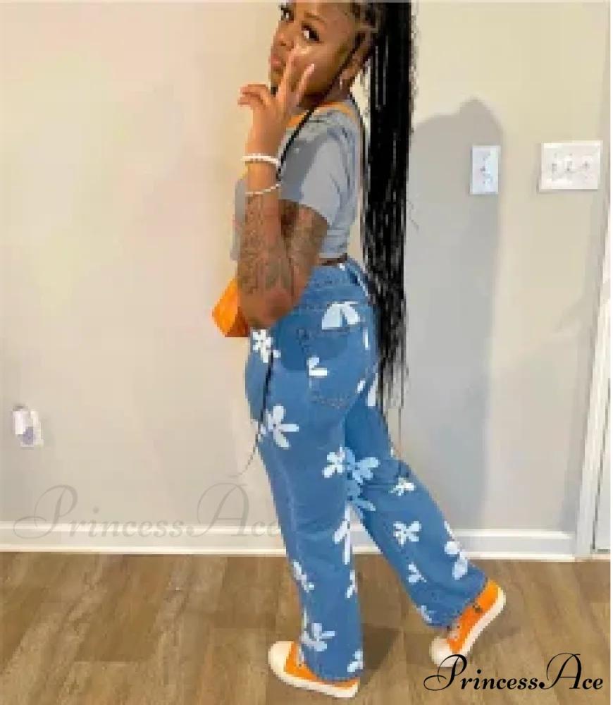 2024 New Floral Print Women Streetwear Y2k Straight Leg Baggy DenimVintage Blue 90s Jean - Image 2