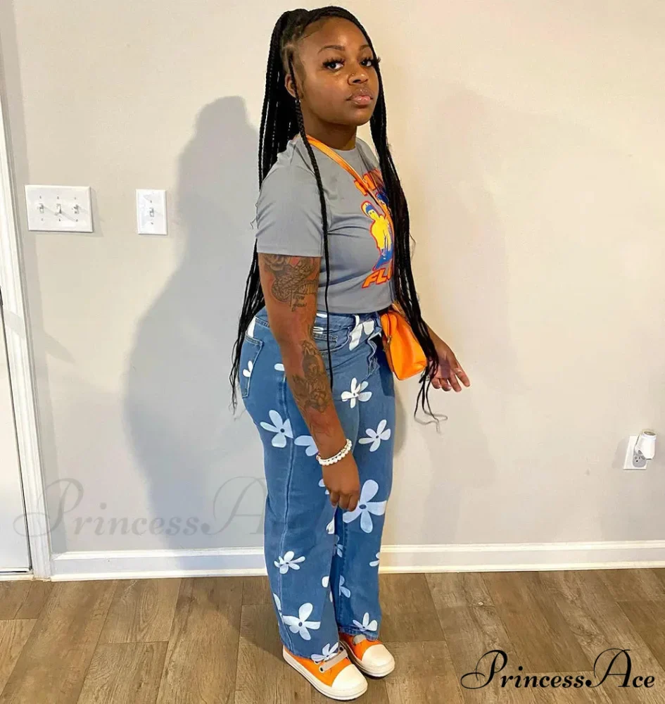 2024 New Floral Print Women Streetwear Y2k Straight Leg Baggy DenimVintage Blue 90s Jean - Image 3