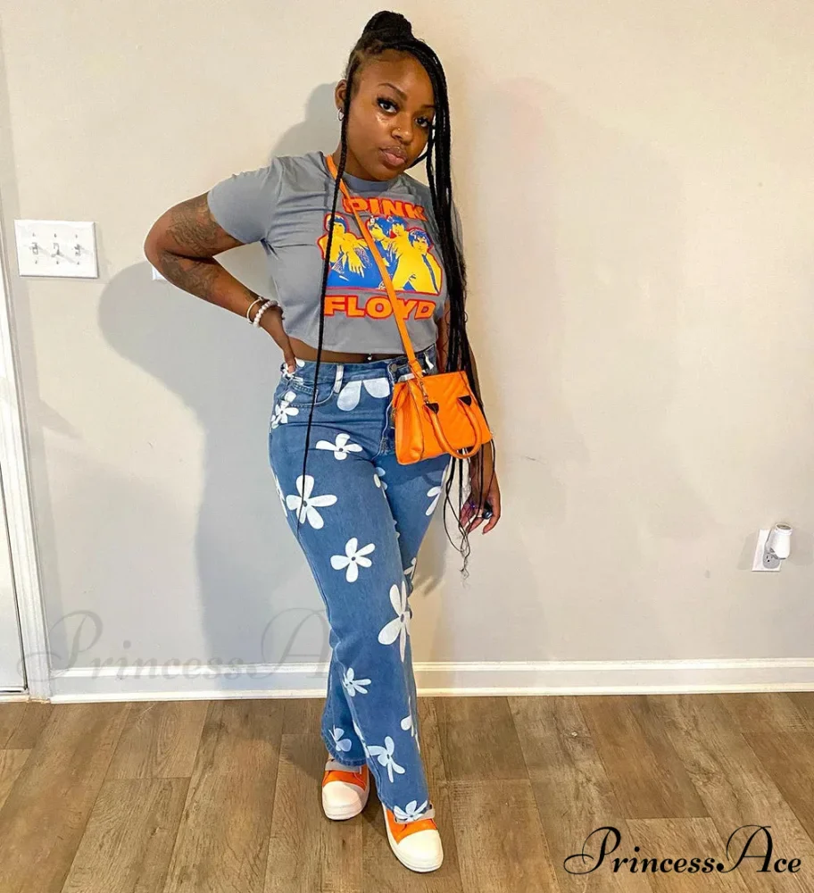 2024 New Floral Print Women Streetwear Y2k Straight Leg Baggy DenimVintage Blue 90s Jean - Image 4