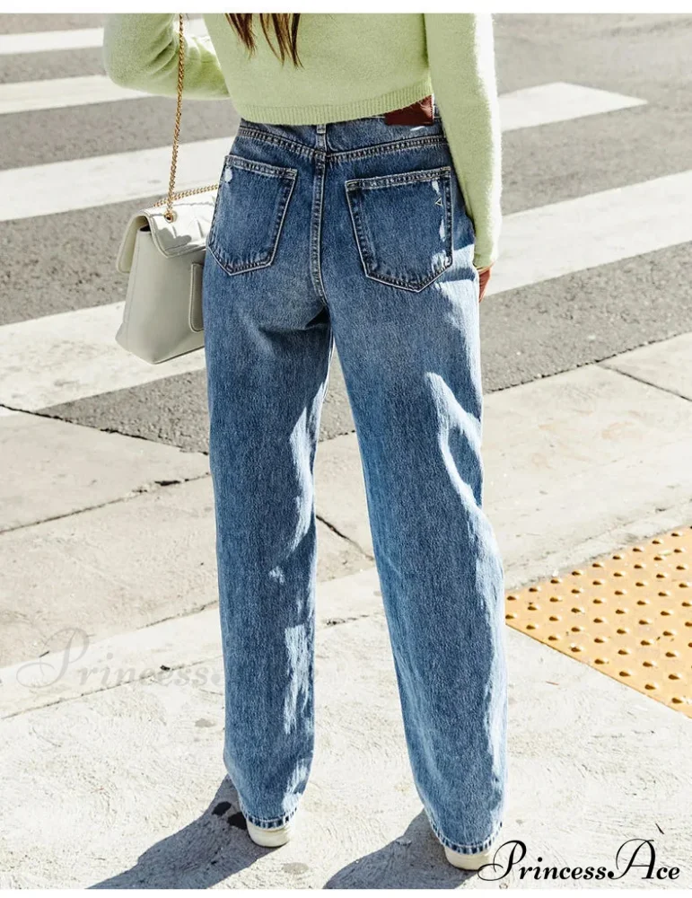 2024 Stretch Women's Casual Ripped Wide Leg For Women Vintage High Waist Easymatch Straight Jean - Image 2