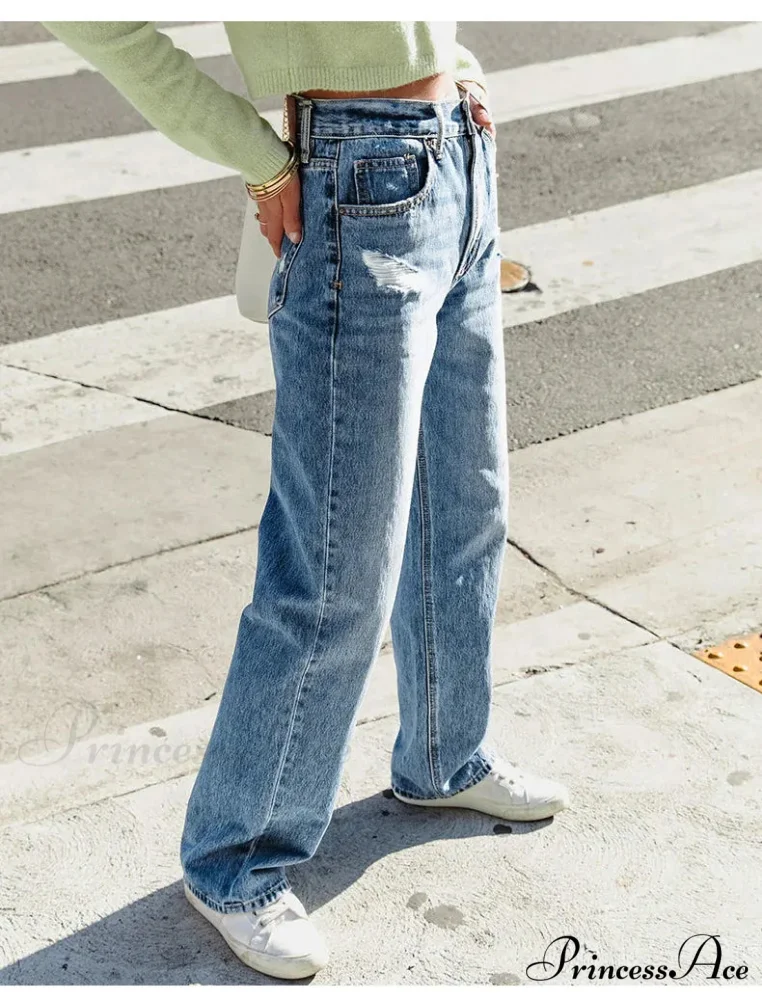 2024 Stretch Women's Casual Ripped Wide Leg For Women Vintage High Waist Easymatch Straight Jean - Image 3