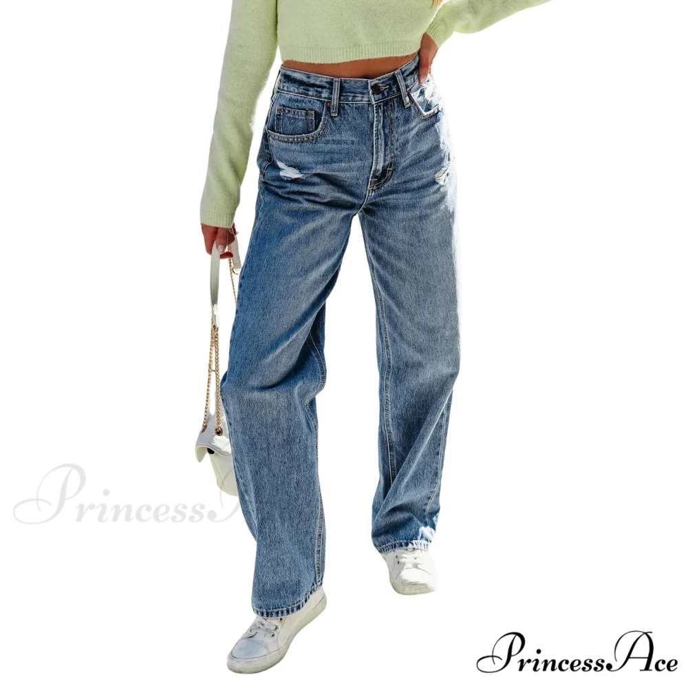 2024 Stretch Women's Casual Ripped Wide Leg For Women Vintage High Waist Easymatch Straight Jean - Image 5