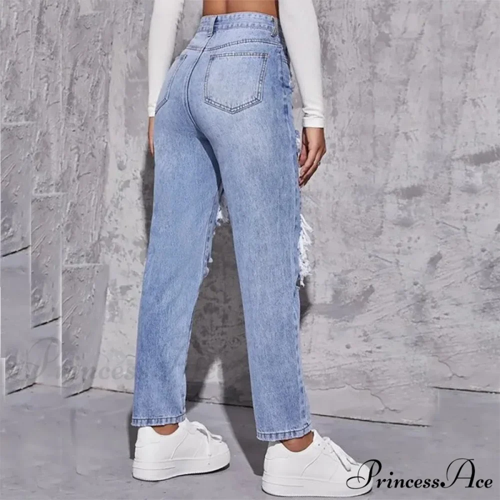 Ripped Straight Leg Women High Waist Loose Holes Casual High Streetwear Fashion Denim Jean - Image 3