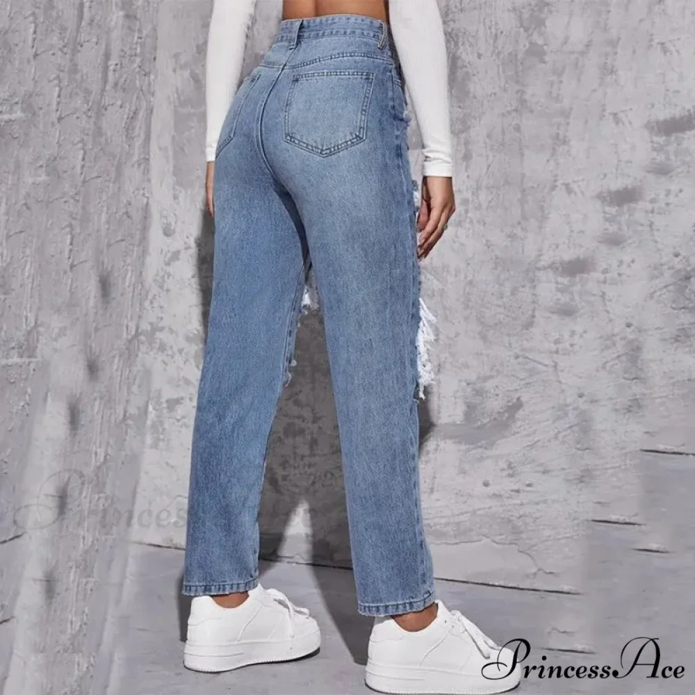 Ripped Straight Leg Women High Waist Loose Holes Casual High Streetwear Fashion Denim Jean - Image 4