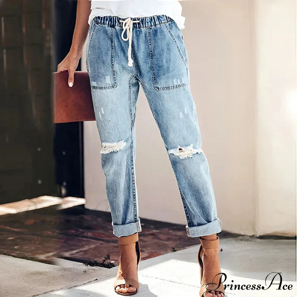 Women's Streetwear Ripped Vintage Casual Fashion Drawstring Elastic Waist High Elastic Baggy Jean - Image 2