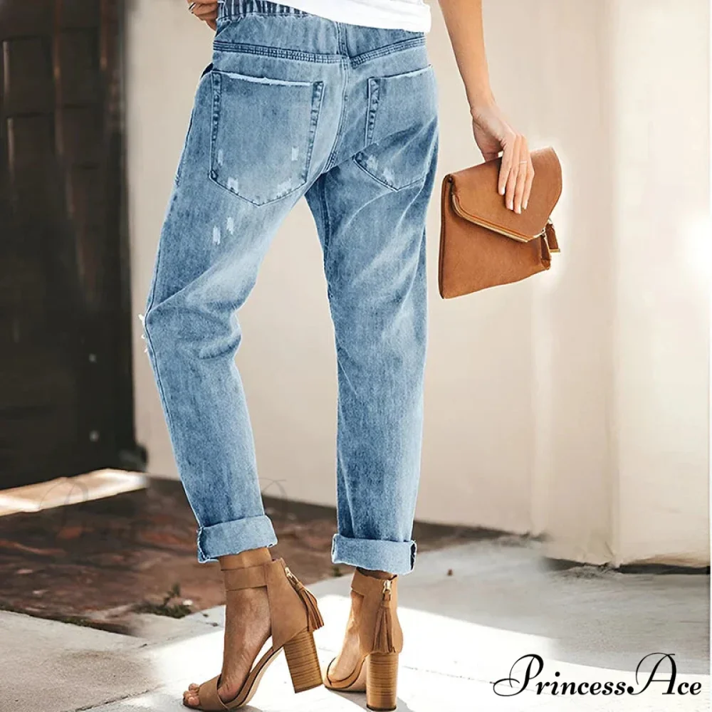 Women's Streetwear Ripped Vintage Casual Fashion Drawstring Elastic Waist High Elastic Baggy Jean - Image 3