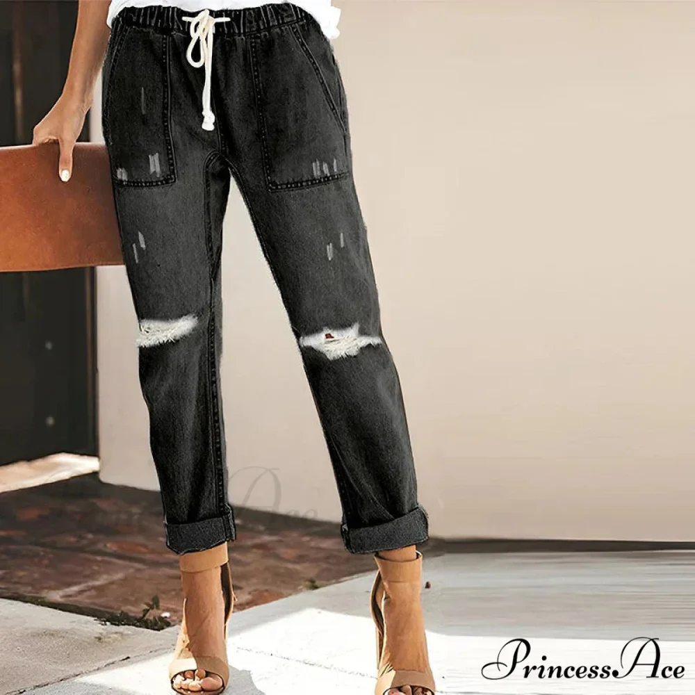 Women's Streetwear Ripped Vintage Casual Fashion Drawstring Elastic Waist High Elastic Baggy Jean - Image 4