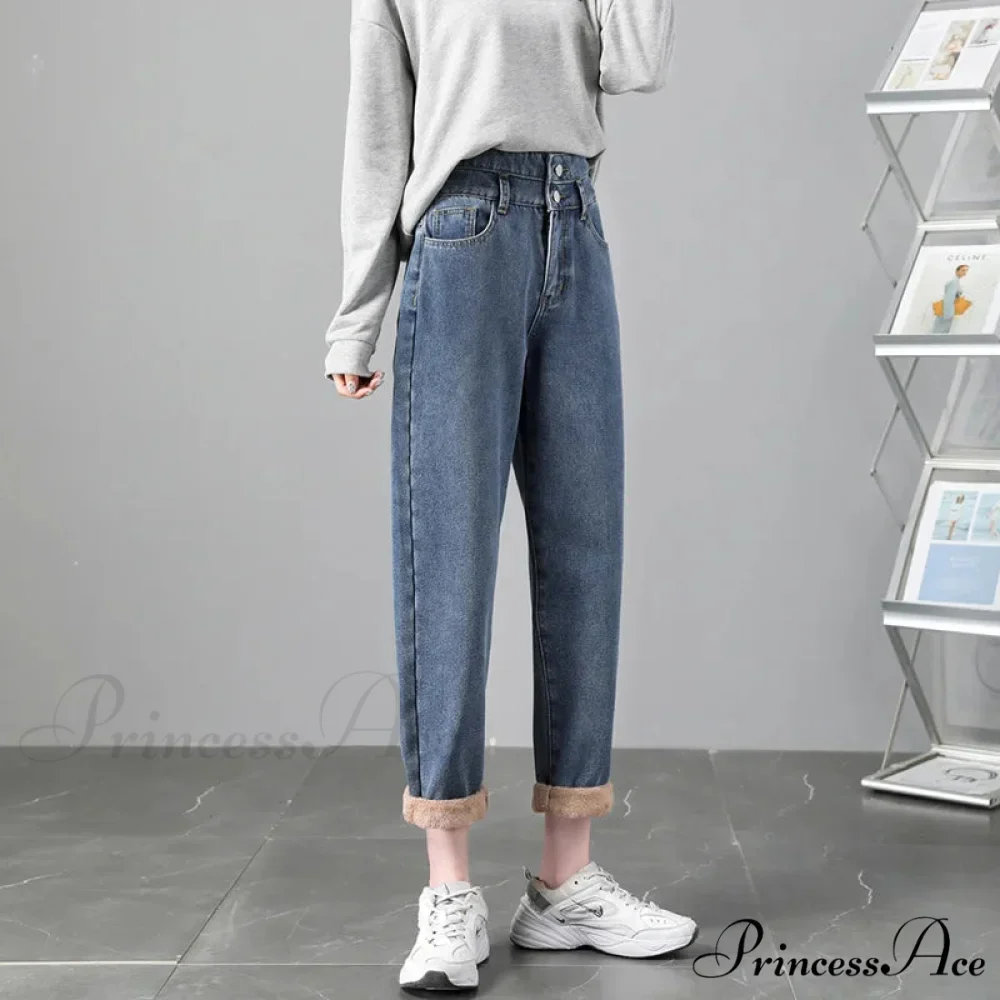 Warm Harem Thicken High Waist Vintage Loose Wide-leg Fleece Denim Jean - Image 3