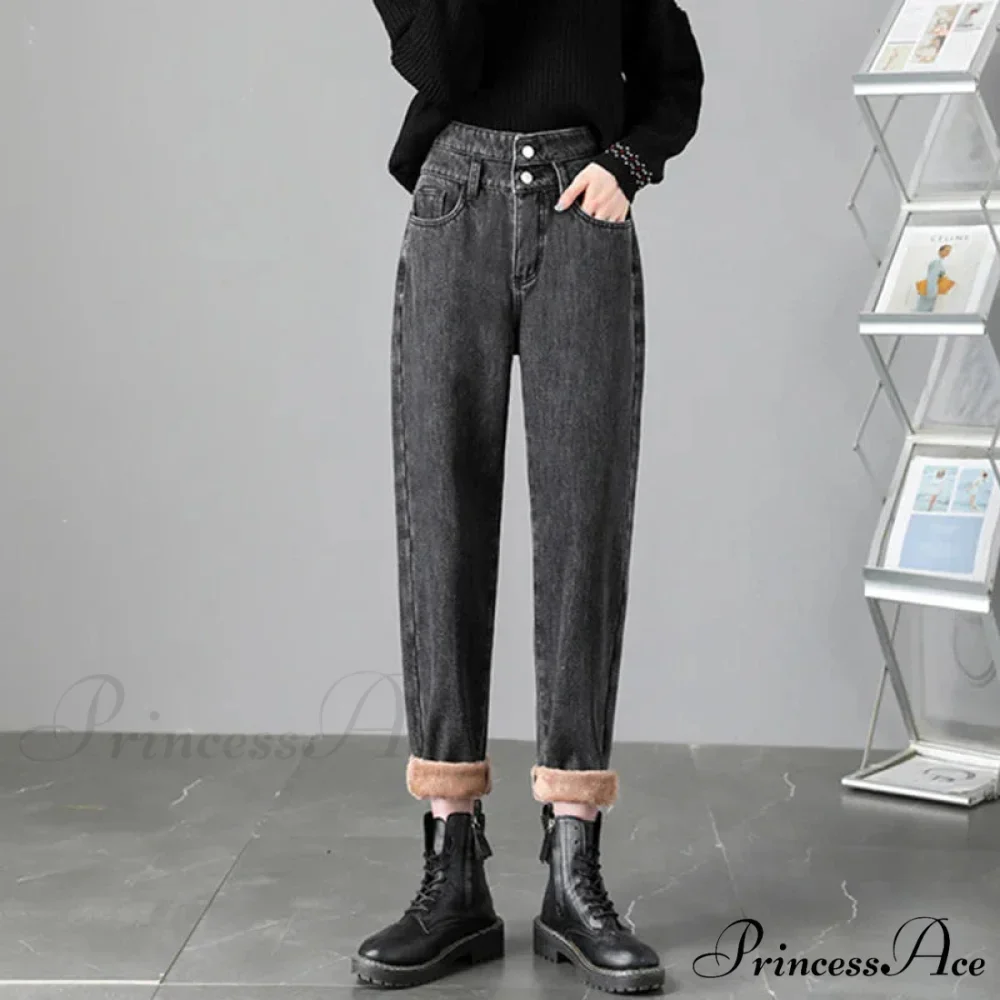 Warm Harem Thicken High Waist Vintage Loose Wide-leg Fleece Denim Jean - Image 4
