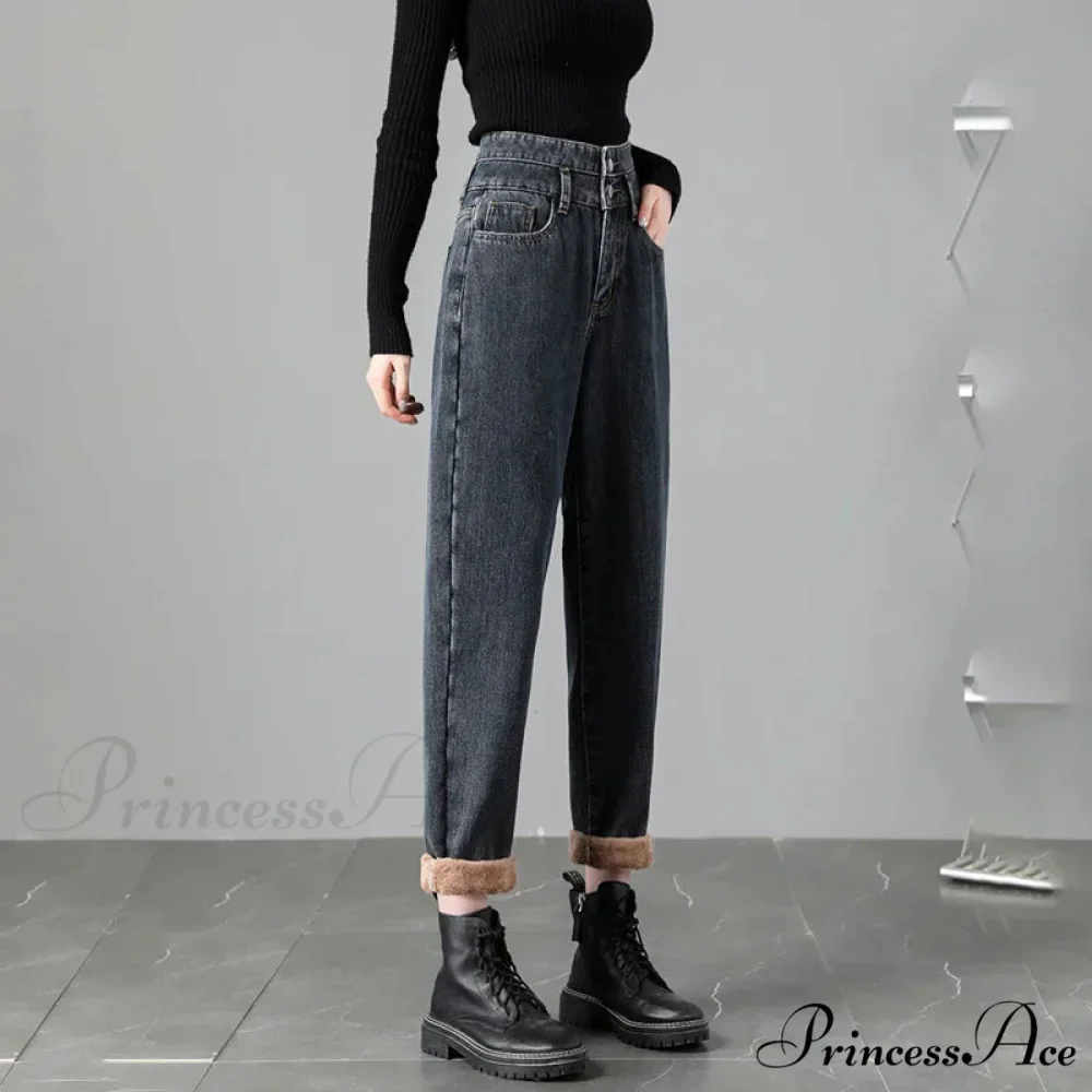 Warm Harem Thicken High Waist Vintage Loose Wide-leg Fleece Denim Jean - Image 5