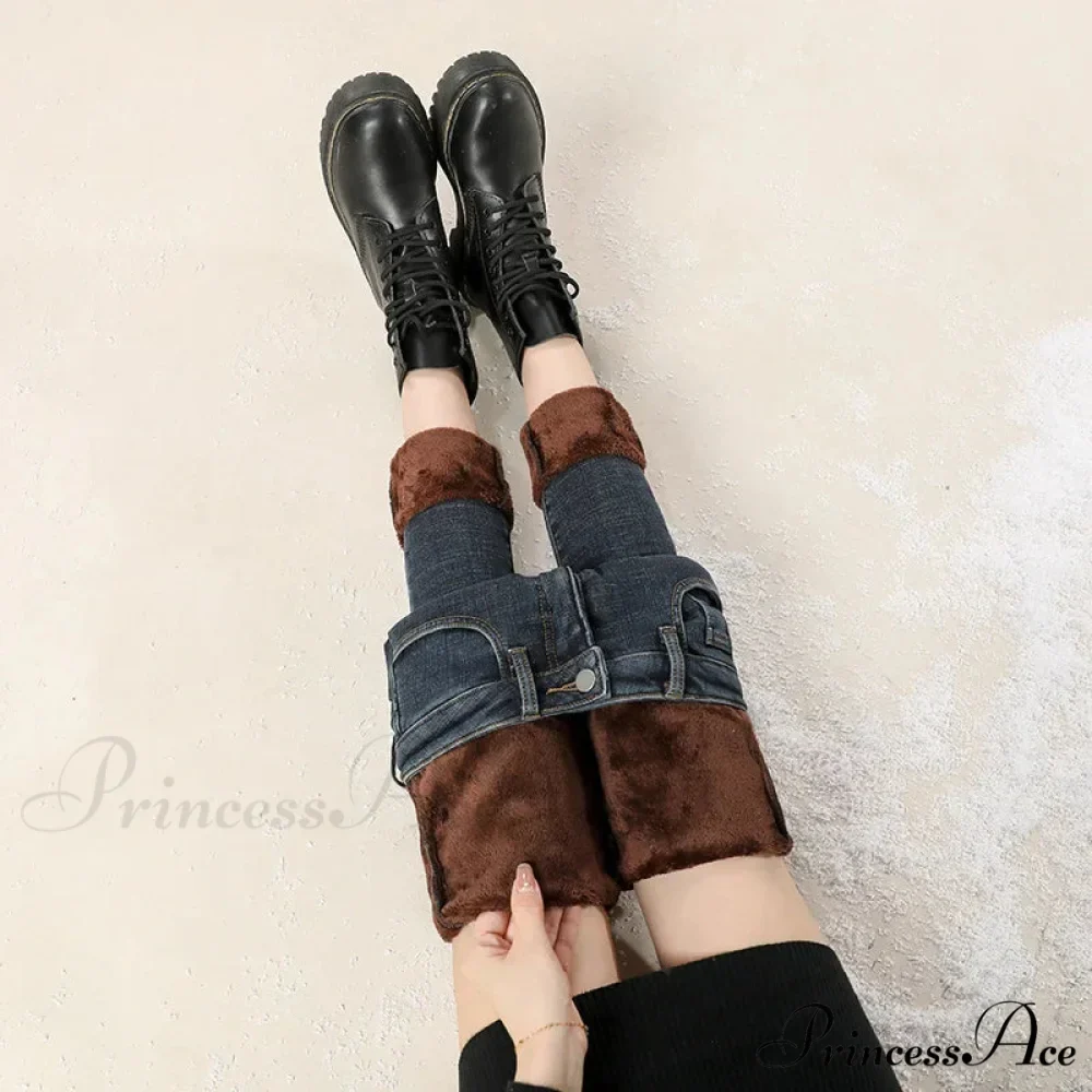 Winter Warm Thick Velvet High Skinny Slim Stretch Pencil Denim Jean - Image 2