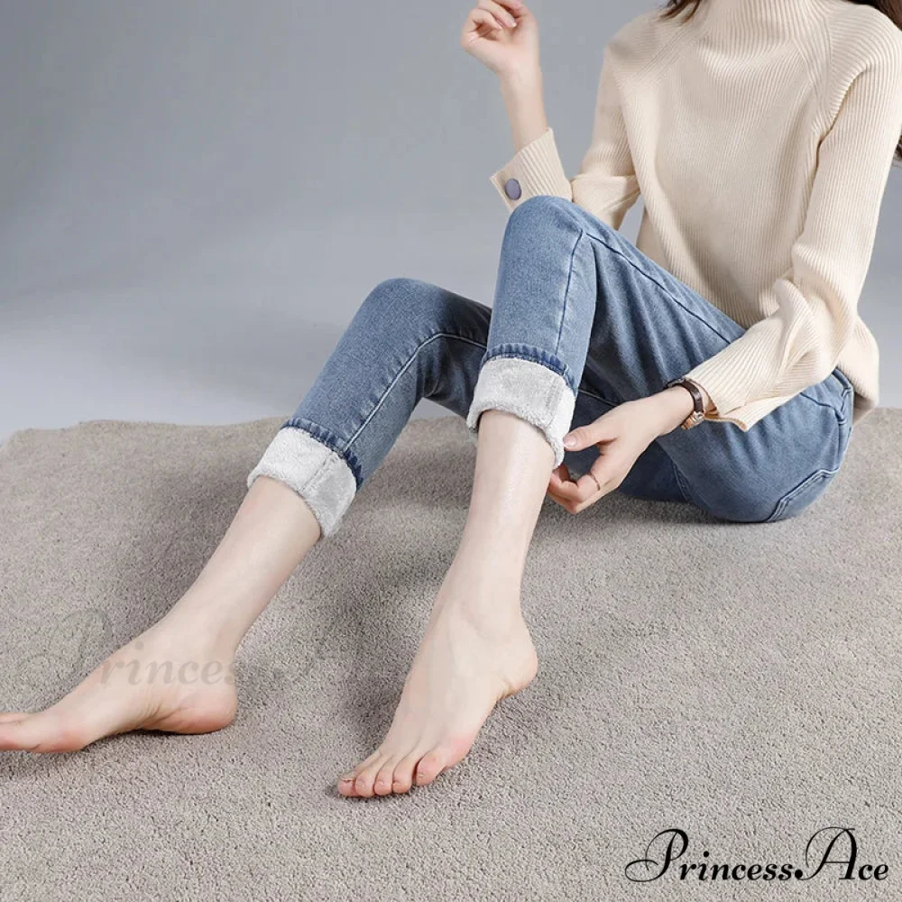 Winter Warm Thick Velvet High Skinny Slim Stretch Pencil Denim Jean - Image 3