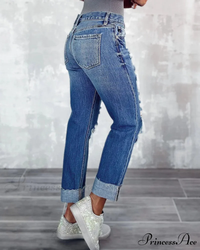 Ripped New High Straight Streetwear Hole Wash Cotton Ladies Denim Jean - Image 2