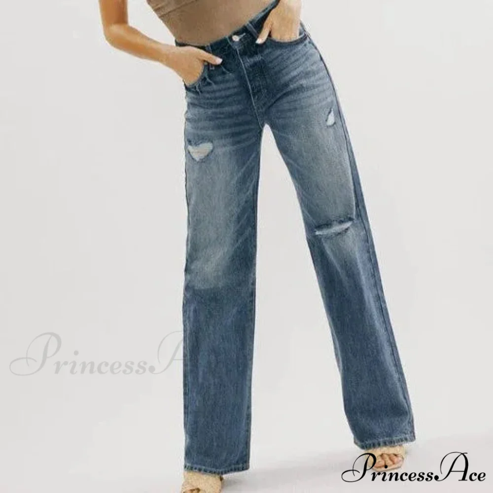 Ripped Washed High New Simple Street Loose Straight-leg Denim Jean - Image 2