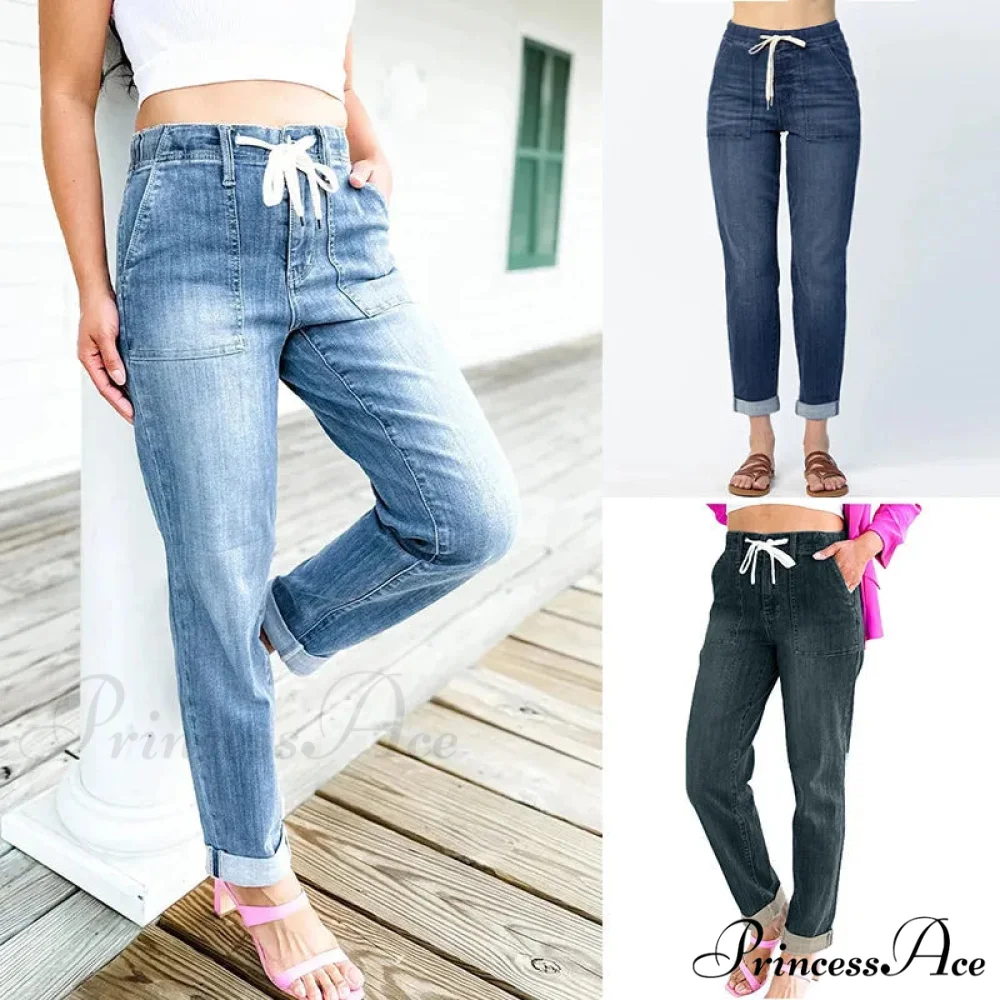 Elastic Skinny Pencil Casual Denim Drawstring High Waist Women's Fashionable Jean - Image 2