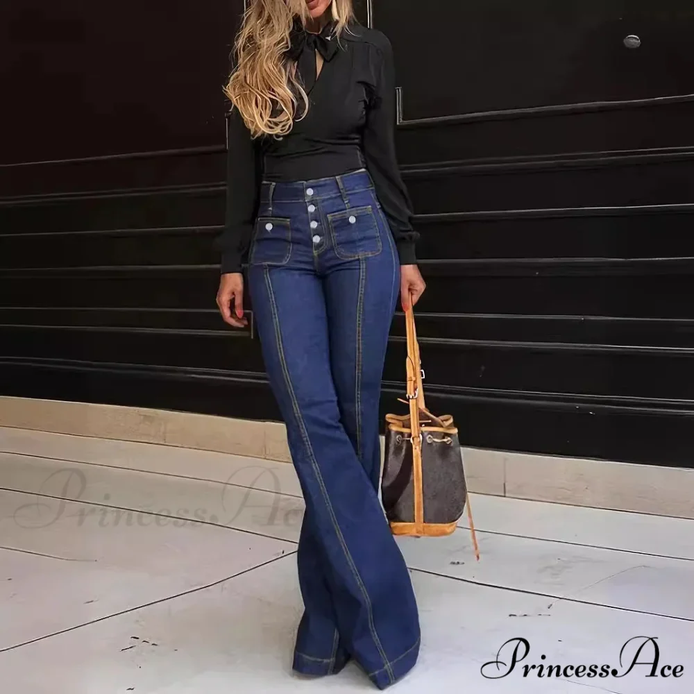 Spring Summer New Retro High Waist Stitching Washed Stretch Slim Bell-Bottom Denim Jean - Image 2