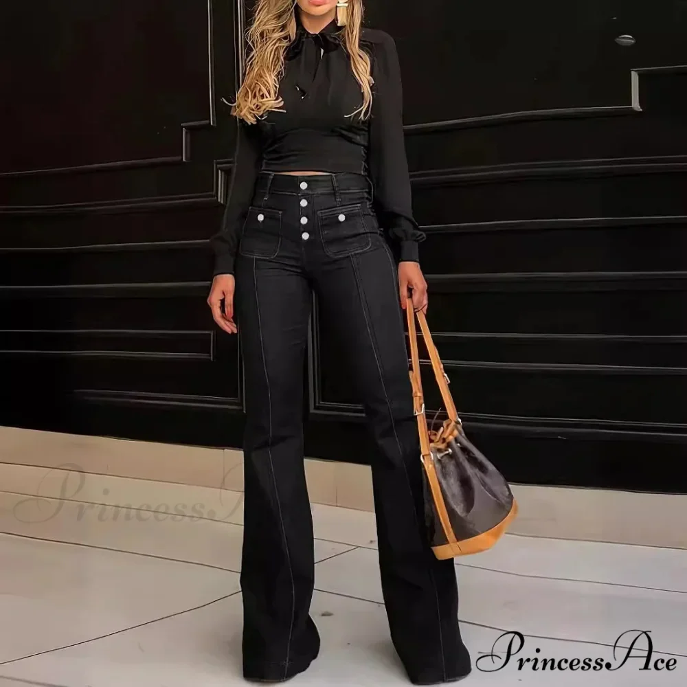 Spring Summer New Retro High Waist Stitching Washed Stretch Slim Bell-Bottom Denim Jean - Image 3
