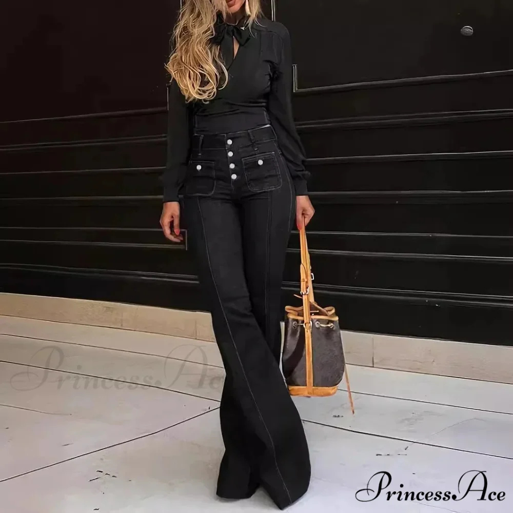 Spring Summer New Retro High Waist Stitching Washed Stretch Slim Bell-Bottom Denim Jean - Image 4