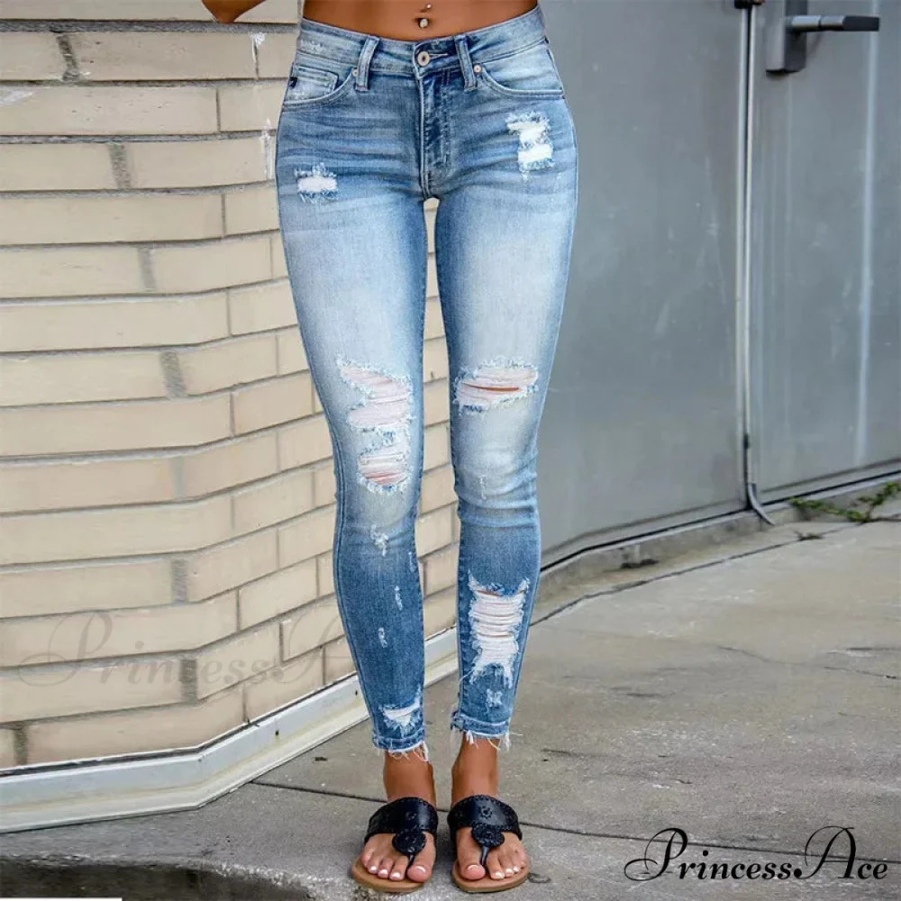 Elastic Women's Cutout Ripped High Waist Casual Daily Skinny Pocket 2024 Trend Fashion Design Long Jean - Image 4