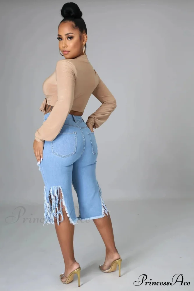 2024 Elastic Tassle Flare Knee Length Denim Pants Women Sexy Fashion High Waist Hole Ripped High Street Trousers Jean - Image 2