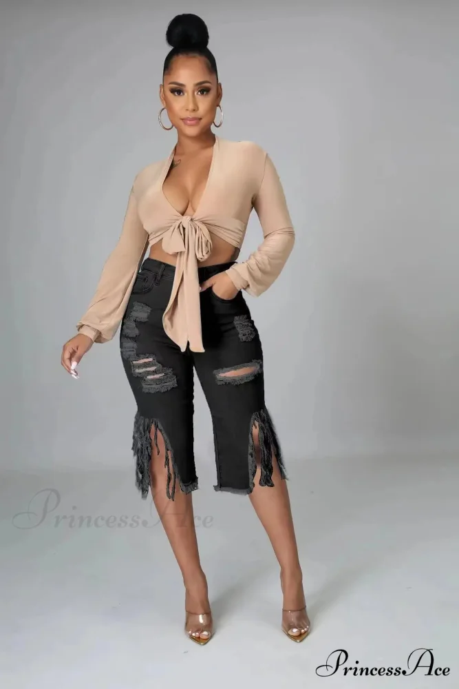 2024 Elastic Tassle Flare Knee Length Denim Pants Women Sexy Fashion High Waist Hole Ripped High Street Trousers Jean - Image 3