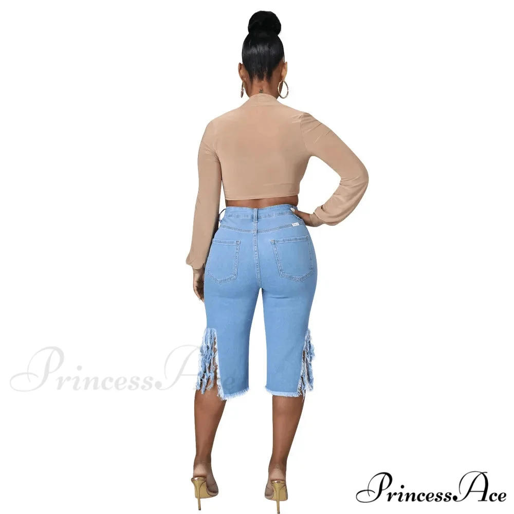 2024 Elastic Tassle Flare Knee Length Denim Pants Women Sexy Fashion High Waist Hole Ripped High Street Trousers Jean - Image 4