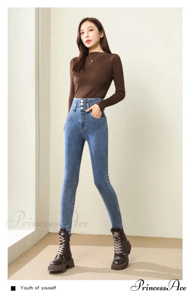 Winter Women Thicken Lamb Fluff High Waist Stretchy Fleece Lined Warm Slim Denim Pencil Pants Jean - Image 2