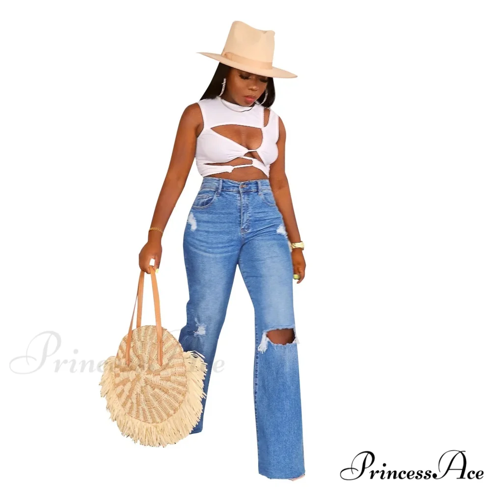 Casual High Waist Wide Leg Pants Loose Fashion Women's Street Ripped Plus Size Mom Denim Trousers 2024 Ladies Pants Jean - Image 2