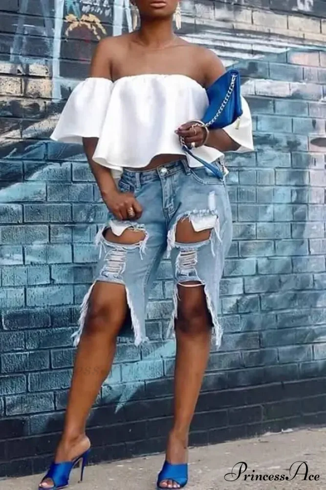Fashion Holes Ripped Straight Denim Shorts Summer Streetwear Knee Length Women Shorts High Waist Casual Jean - Image 3