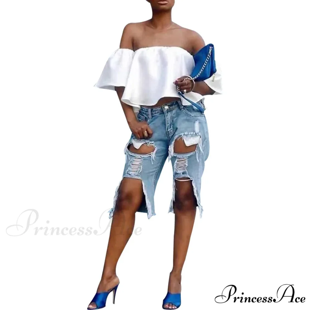 Fashion Holes Ripped Straight Denim Shorts Summer Streetwear Knee Length Women Shorts High Waist Casual Jean - Image 4