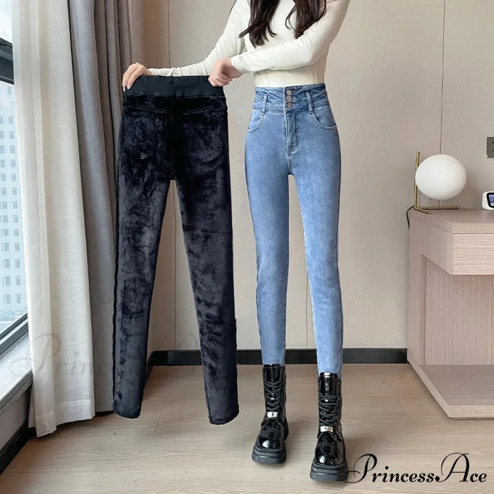 Winter Plus Velvet Warm Women Thickened High Waist Casual Slim Stretch Denim Trousers Skinny Pencil Pants Jean - Image 4