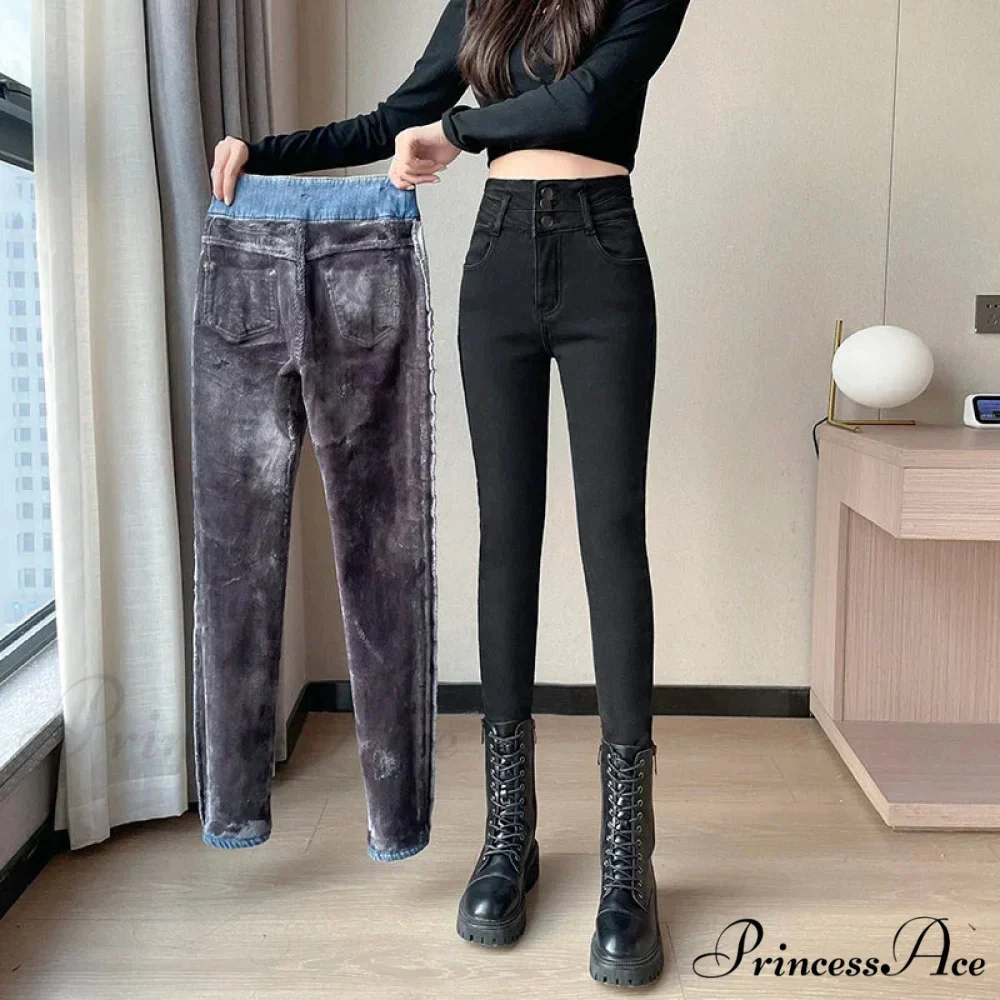 Winter Plus Velvet Warm Women Thickened High Waist Casual Slim Stretch Denim Trousers Skinny Pencil Pants Jean - Image 5