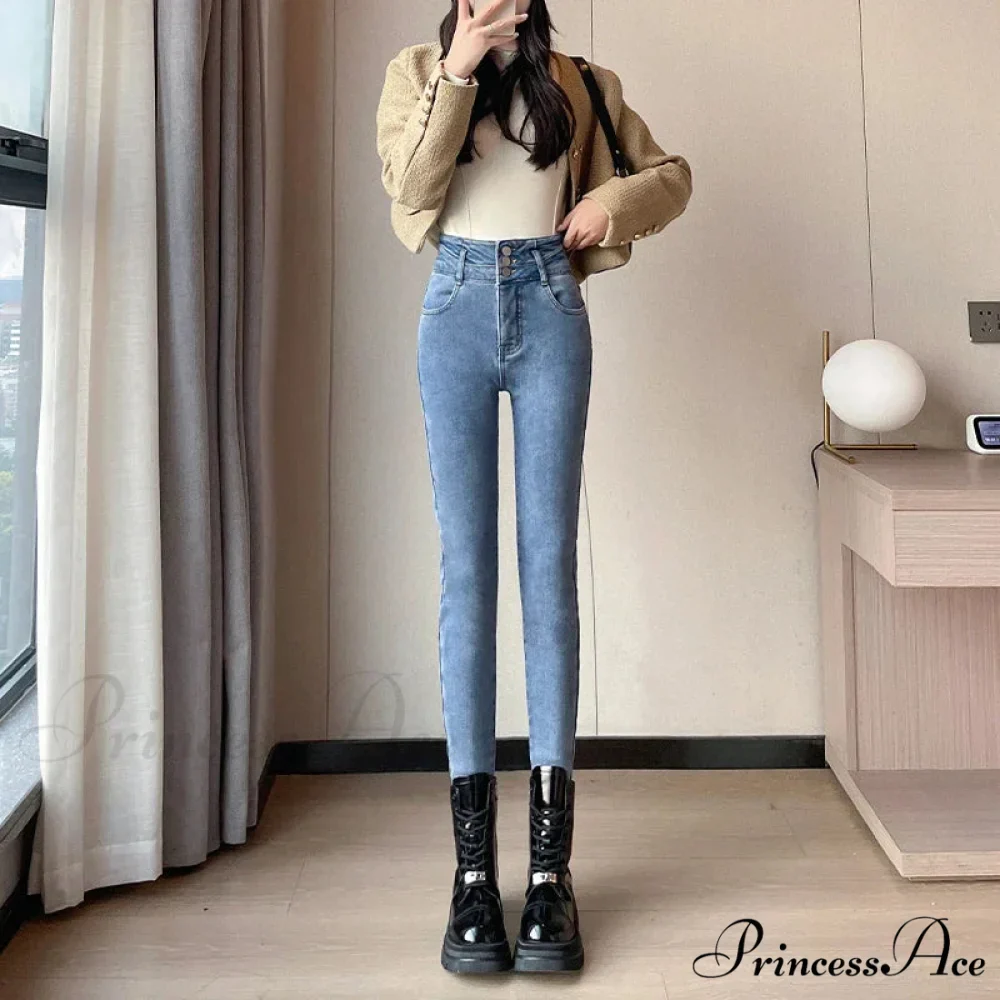 Winter Women Stretch Skinny Retro Patchwork Warm Thick Pencil Pants Slim Stretch Denim Trousers Jean - Image 2