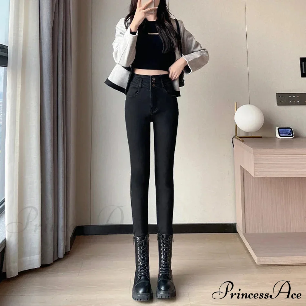 Winter Women Stretch Skinny Retro Patchwork Warm Thick Pencil Pants Slim Stretch Denim Trousers Jean - Image 5