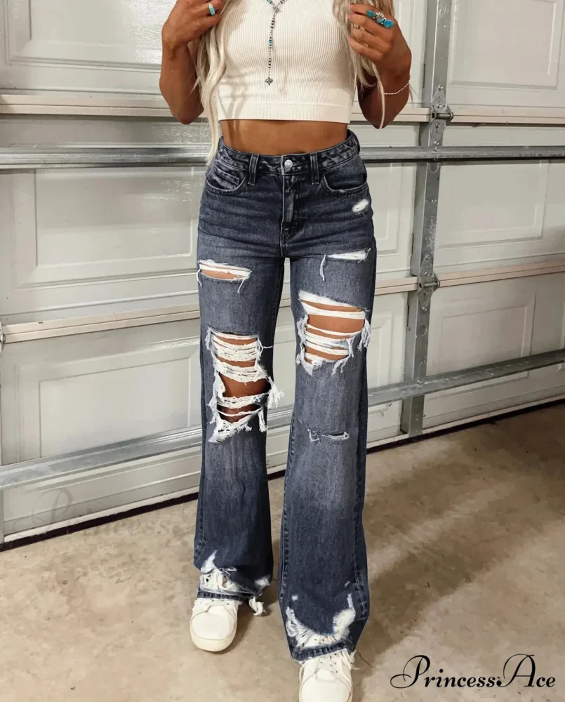 Women High Waist Loose Casual Ripped Hole Straight Pants 2024 Autumn New Drop Shipping Jean - Image 2