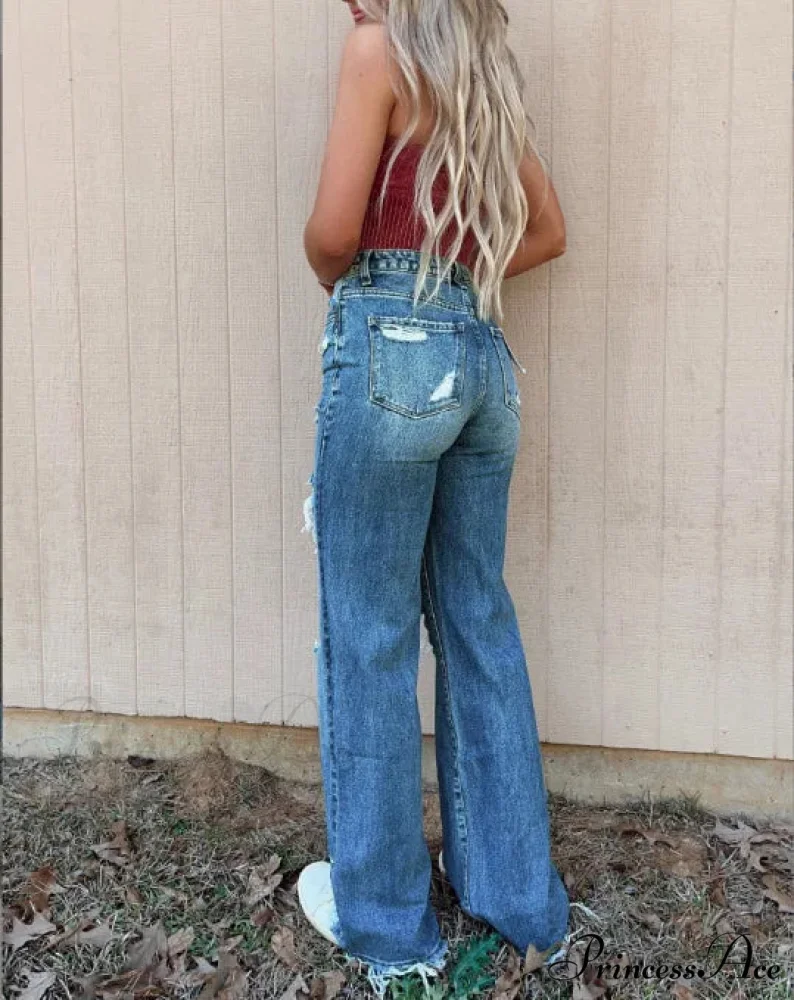 Women High Waist Loose Casual Ripped Hole Straight Pants 2024 Autumn New Drop Shipping Jean - Image 4