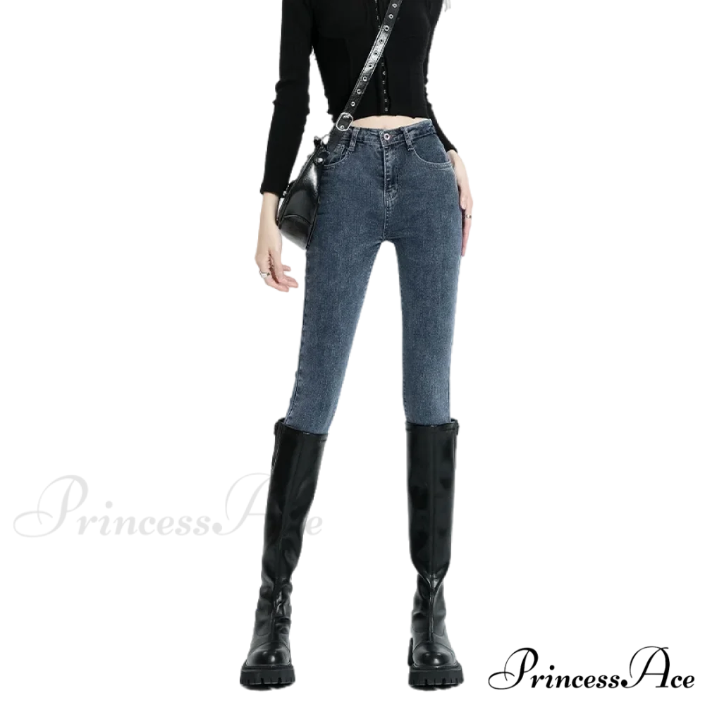 Winter Women Stretch Thicken Lamb Fluff High Waist Fleece Lined Warm Slim Denim Pencil Pants Jean - Image 2
