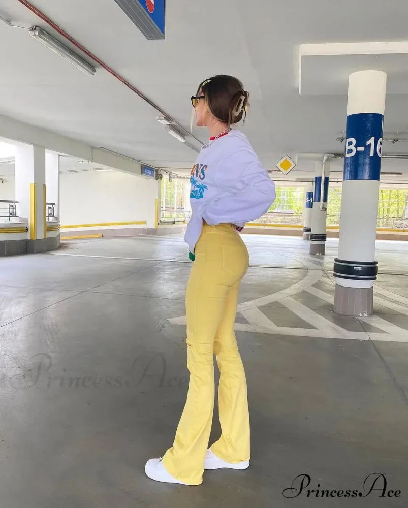 Yellow Ripped Women Flare Lady Stretch Vintage High Waist Denim Pants Lady Y2K Punk Streetwear Slim Bell Bottom Trousers Jean - Image 3