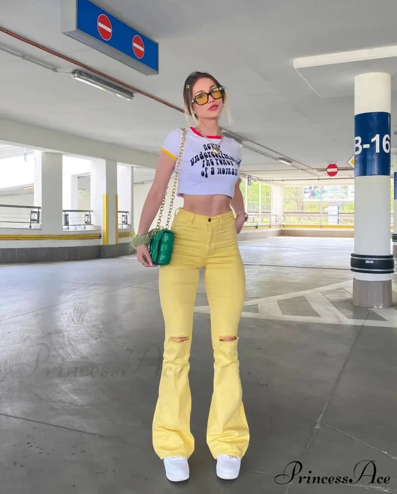 Yellow Ripped Women Flare Lady Stretch Vintage High Waist Denim Pants Lady Y2K Punk Streetwear Slim Bell Bottom Trousers Jean - Image 4