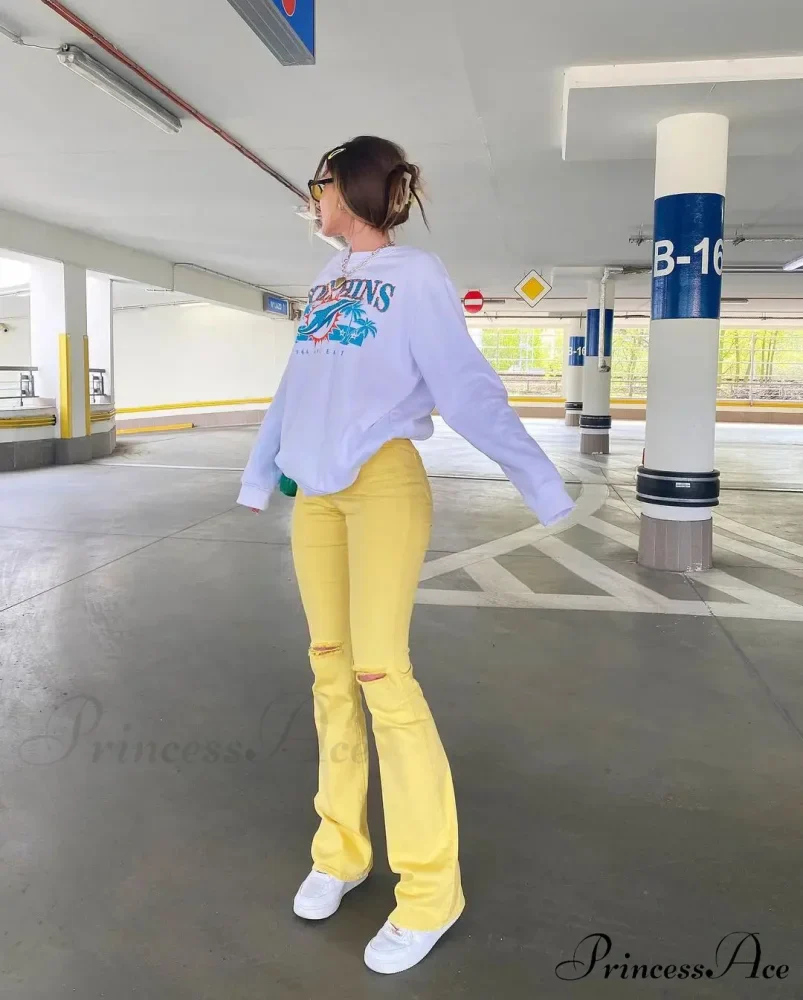 Yellow Ripped Women Flare Lady Stretch Vintage High Waist Denim Pants Lady Y2K Punk Streetwear Slim Bell Bottom Trousers Jean - Image 5