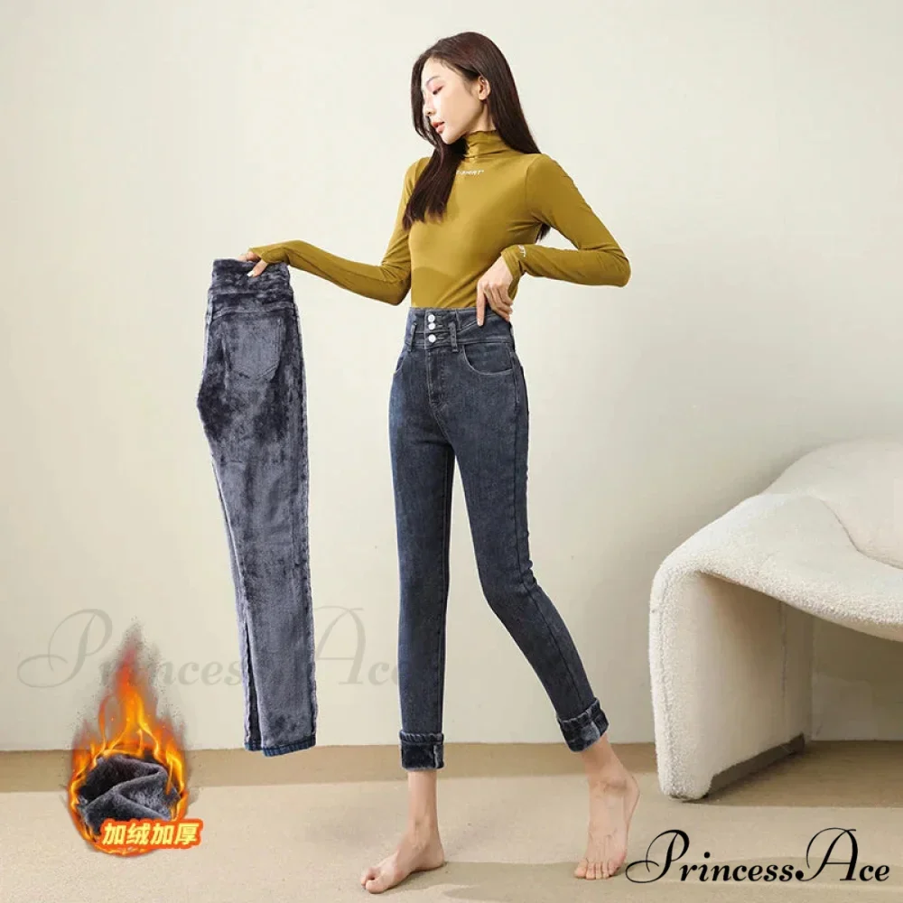 Winter Warm Women High Waist Skinny Thick Velvet Casual Lady Denim Pencil Pants Plus Size Fleece Slim Fit Stretch Trousers Jean - Image 2
