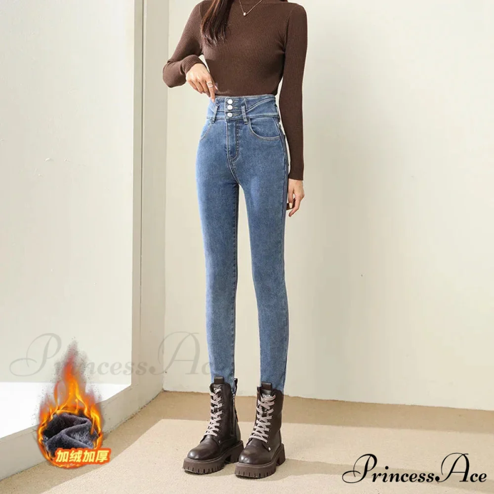 Winter Warm Women High Waist Skinny Thick Velvet Casual Lady Denim Pencil Pants Plus Size Fleece Slim Fit Stretch Trousers Jean - Image 4