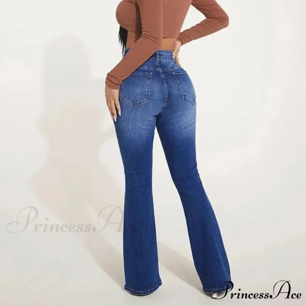 Stretch Slim Flare Button Fly High Waist Full Length Vintage Jean - Image 2