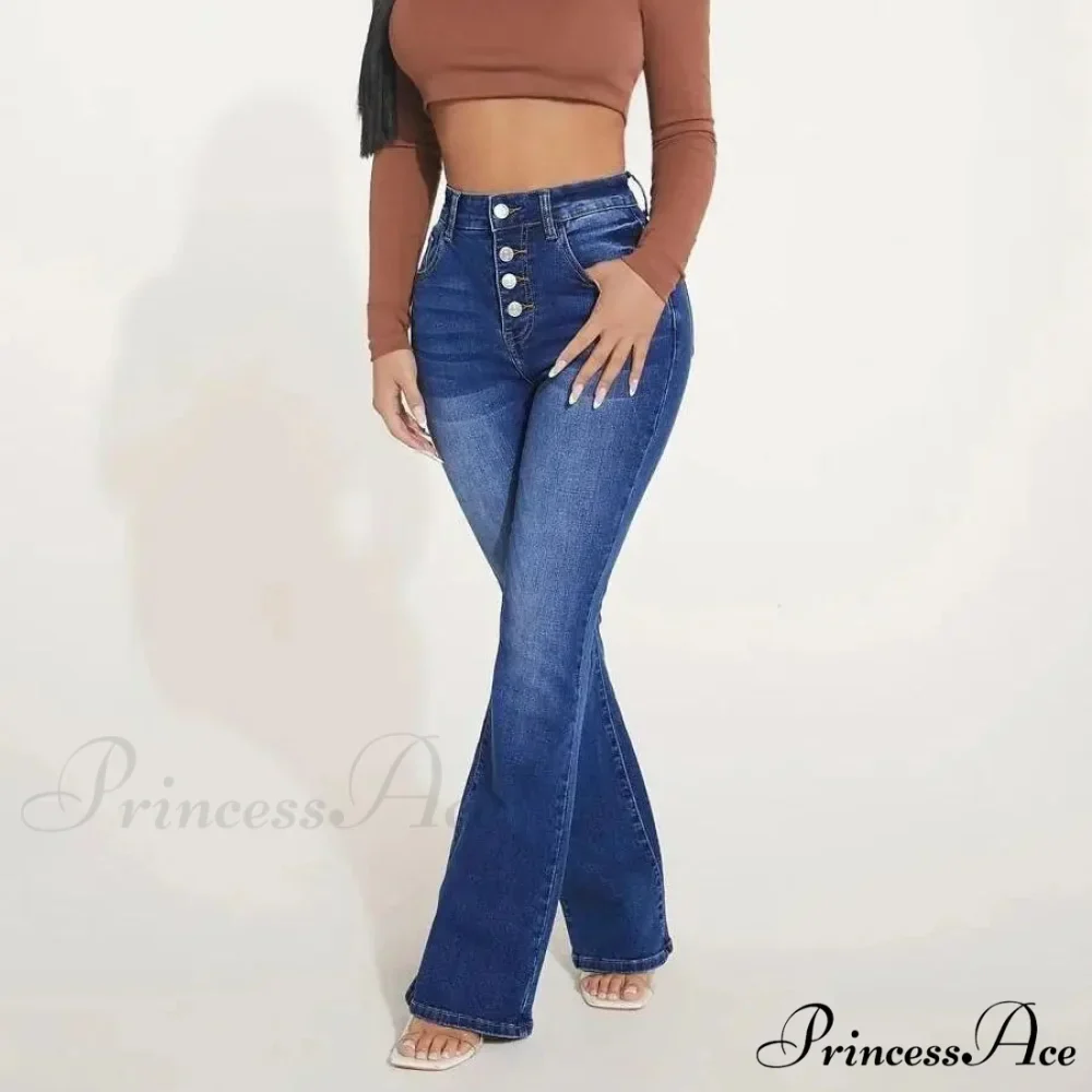Stretch Slim Flare Button Fly High Waist Full Length Vintage Jean - Image 3