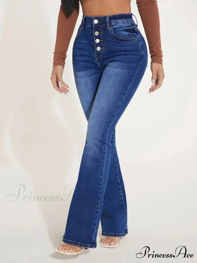 Stretch Slim Flare Button Fly High Waist Full Length Vintage Jean - Image 4