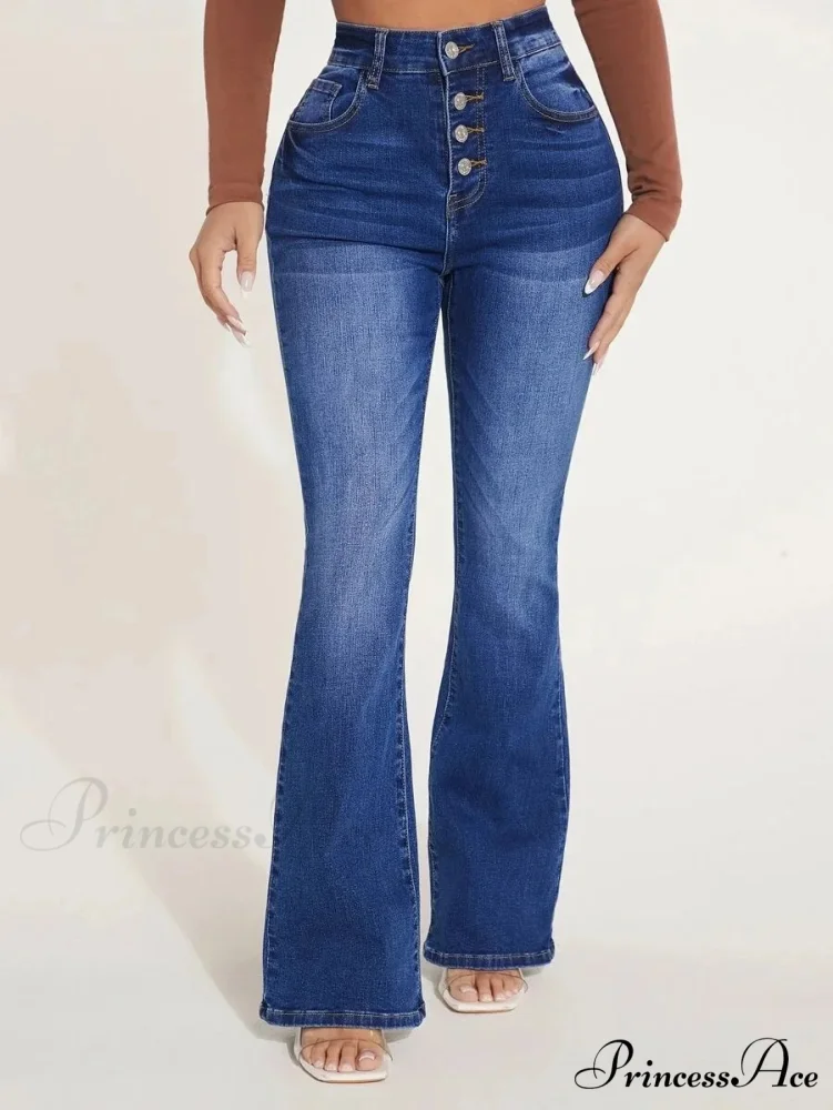 Stretch Slim Flare Button Fly High Waist Full Length Vintage Jean - Image 5