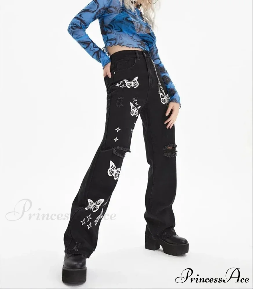 New Butterfly Print Ripped High Waist Loose Straight Cotton Streetwear Jean - Image 3