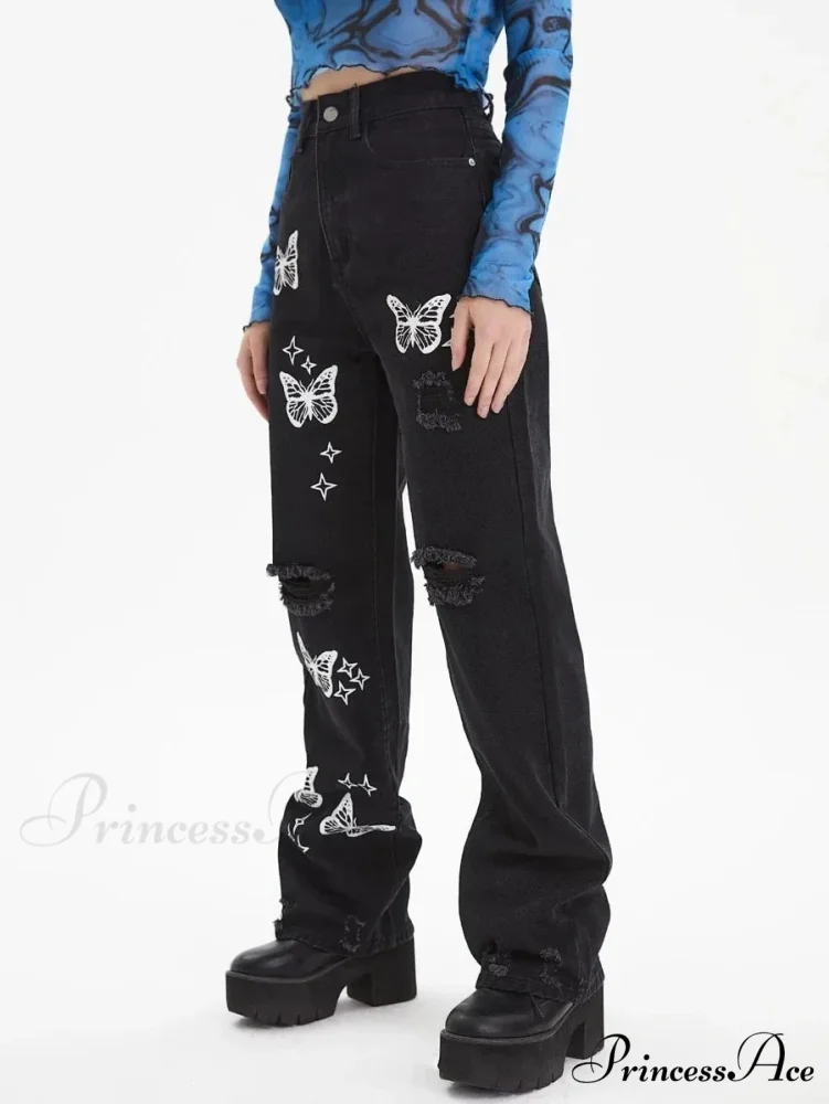 New Butterfly Print Ripped High Waist Loose Straight Cotton Streetwear Jean - Image 4